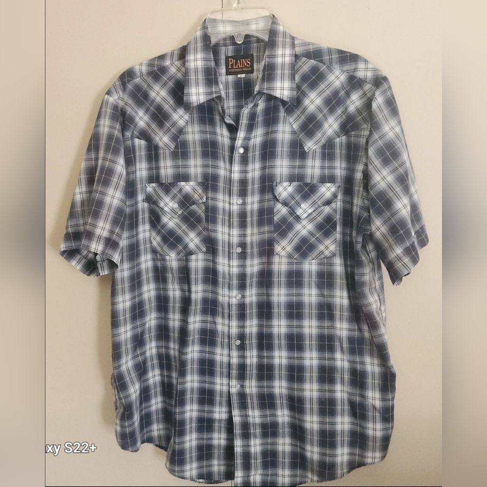 M78 Plains Western Wear Men's Gray & White Plaid Snap Up Short Sleeve Shirt